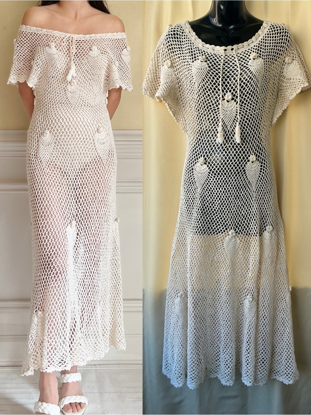 Vintage 70s Crochet Boho Cottagecore Dress Medium